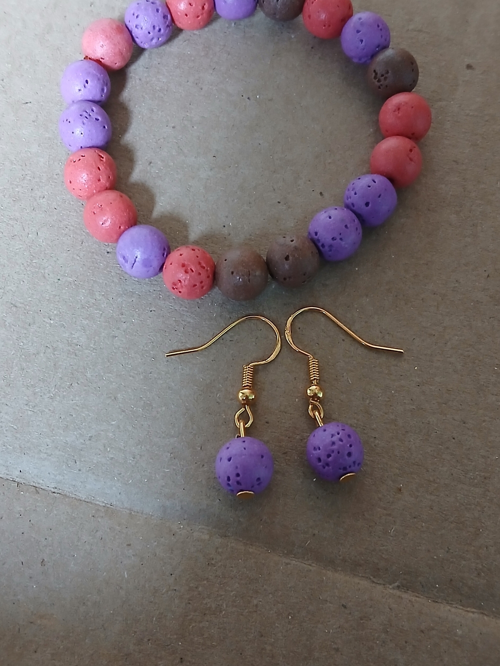 Lavender & Coral Lava Bead Bracelet and Earring Set - Women Jewelry